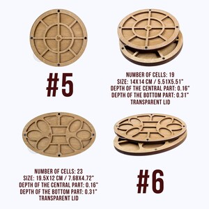 May include: Two wooden paint palettes with a circular and oval shape. The palettes have a transparent lid and are numbered #5 and #6. The circular palette has 19 cells and measures 5.51 inches by 5.51 inches. The oval palette has 23 cells and measures 7.68 inches by 4.72 inches. Both palettes have a depth of 0.16 inches for the central part and 0.31 inches for the bottom part.