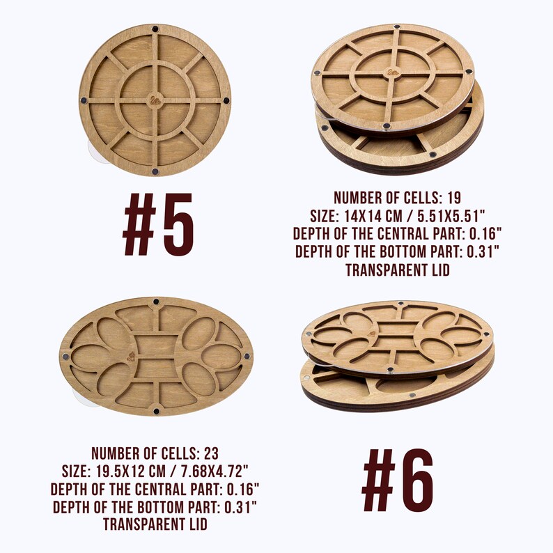 May include: Two wooden paint palettes with a circular and oval shape. The palettes have a transparent lid and are numbered #5 and #6. The circular palette has 19 cells and measures 5.51 inches by 5.51 inches. The oval palette has 23 cells and measures 7.68 inches by 4.72 inches. Both palettes have a depth of 0.16 inches for the central part and 0.31 inches for the bottom part.