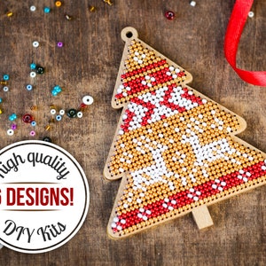 Xmas tree DIY kit for beadwork, festive hanging ornament, handmade Christmas decoration, winter home decor, bead embroidery on wood