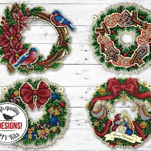 Xmas bead embroidered wreath, DIY door winter decor, front door ornament making kit