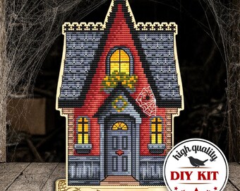 Kit de ponto cruz para casa de Halloween faça você mesmo – Design de bordado de casa mal-assombrada