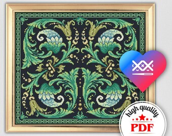 PDF Victorian Cross Stitch Pattern, Aconite Leaf Ornament Embroidery Design, Vintage Home Decor, Victorian Wall Art, Pillow Cover Pattern