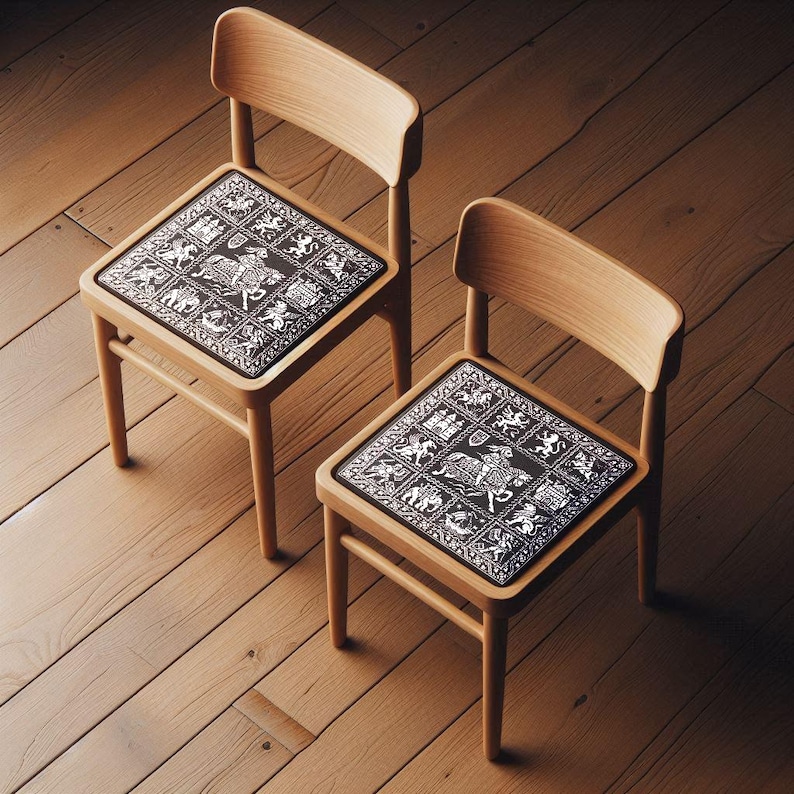 May include: Two wooden chairs with square seats featuring a black and white patterned design. The chairs have light-coloured wooden frames and backs. The seat design includes various animal and heraldic figures.