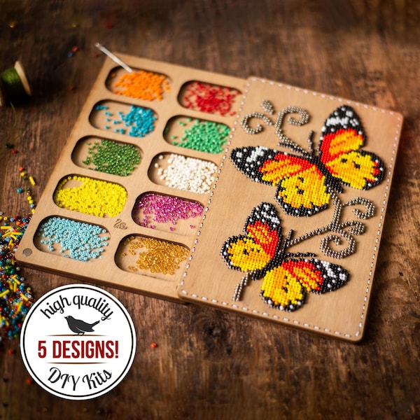 Zestaw DIY z organizerem na koraliki z drewna, pokrywka do haftu motyli, pojemnik na koraliki, zestaw do majsterkowania dla dorosłych, pudełko na robótki ręczne, prezent do samodzielnego wykonania
