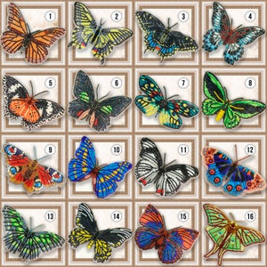 May include: A set of 16 framed butterfly bead art pieces. Each piece features a different butterfly species with intricate details and vibrant colors. The butterflies are arranged in a grid pattern with numbers 1 through 16.