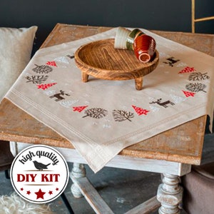 Christmas Tablecloth Cross Stitch Kit, DIY Winter Table Decor, Tablecloth With Reindeer Embroidery Design, Vervaco Embroidery Set