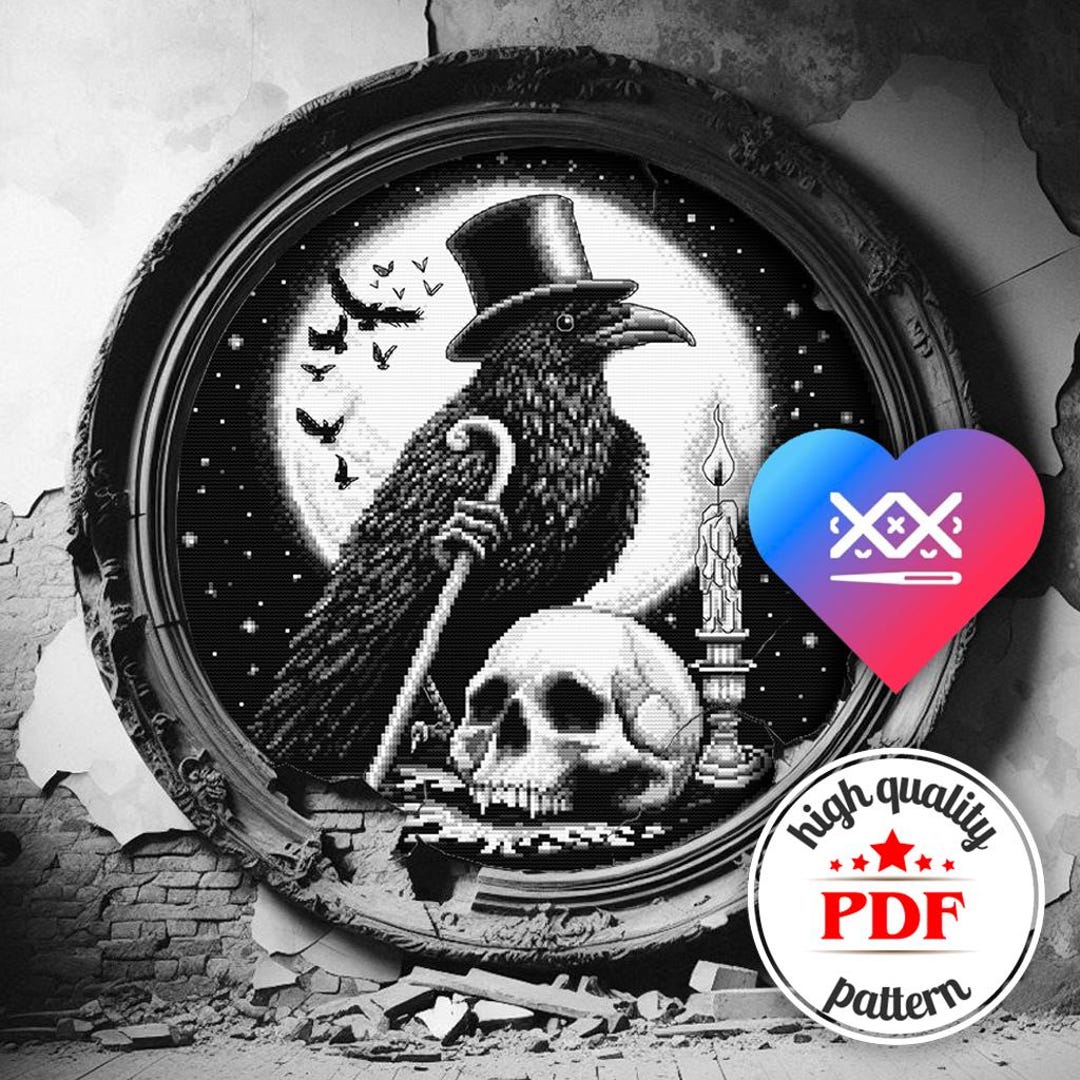 PDF Gothic Raven Embroidery Design, Halloween Bird Cross Stitch Pattern ...