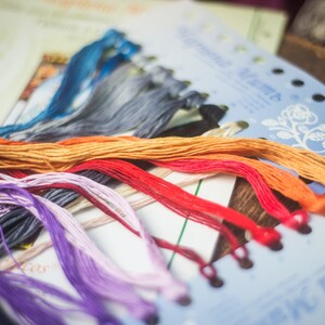 Op de afbeelding: Een close-up van een verscheidenheid aan borduurgaren spoelen in verschillende kleuren, waaronder paars, oranje, rood en blauw. Het garen is in een waaier vorm op een wit oppervlak met een blauw en wit bedrukte kaart gerangschikt.