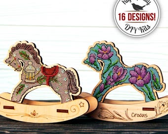 DIY Wooden Rocking Horse Cross Stitch Kit, Rocking Horse Christmas Ornament, Xmas Tree Decoration, Winter Home Decor, DIY Christmas Gift