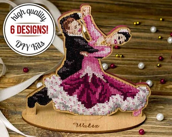 Ballroom dancers figurine Counted cross stitch kit, Couple embroidery design Needlework kit, Hand embroidery on wood