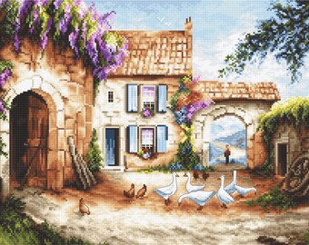 Vintage Style Cross Stitch Kit: Idyllic European Village with Rustic Homes and Fowl
