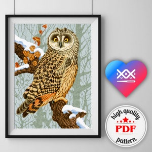 Owl PDF Cross Stitch Pattern, Counted Cross Stitch Chart, DIY Winter Bird, Nature Needlepoint Art, Digital Stitching, Gifts for Mom