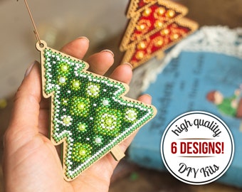 Christmas tree Bead embroidery on wood kit, DIY embroidered ornament, Xmas beading kits, Christmas crafts, Beaded ornaments