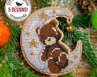 DIY Moon Christmas Ornaments, Bead Embroidery Kit, Xmas Tree Decoration, Winter Home Decor, Beadwork Set, DIY Gift, Christmas Bear Ornaments