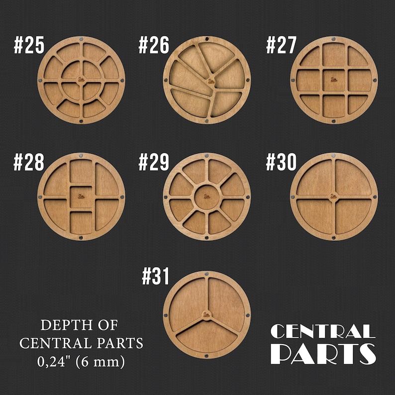 May include: Six wooden circular trays with different compartment configurations, numbered 25 through 31. The trays have a depth of 0.24 inches (6 mm) in the central parts. The trays are arranged in two rows of three. The text "DEPTH OF CENTRAL PARTS 0,24" (6 mm)" is below the trays. The text "CENTRAL PARTS" is below the bottom row of trays.