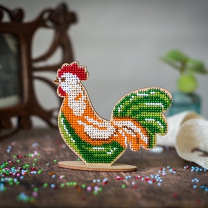 DIY eco-friendly embroidery on wood, laser cut blank rooster, kids craft pattern kit, bead stitch bird decor image 9