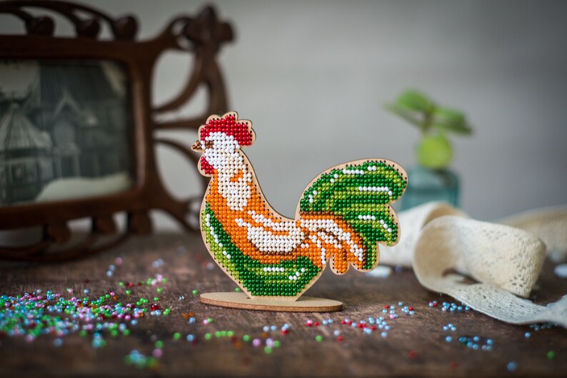 DIY eco-friendly embroidery on wood, laser cut blank rooster, kids craft pattern kit, bead stitch bird decor image 9