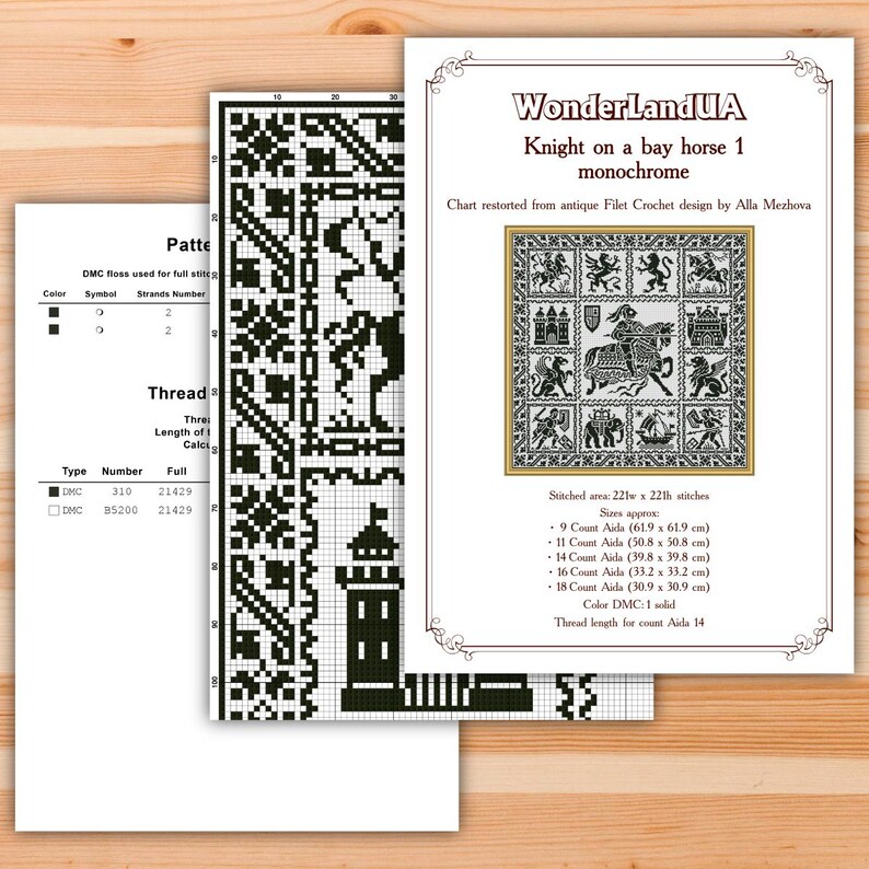 May include: A set of cross-stitch patterns and charts. The main chart displays a monochrome design of a knight on horseback, surrounded by medieval imagery. The text "WonderLandUA" and "Knight on a bay horse 1 monochrome" are visible.