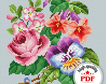 PDF motif fleurs vintage au point de croix, grille de broderie florale, décoration florale pour la maison, art mural fleurs vintage, cadeau floral pour mère