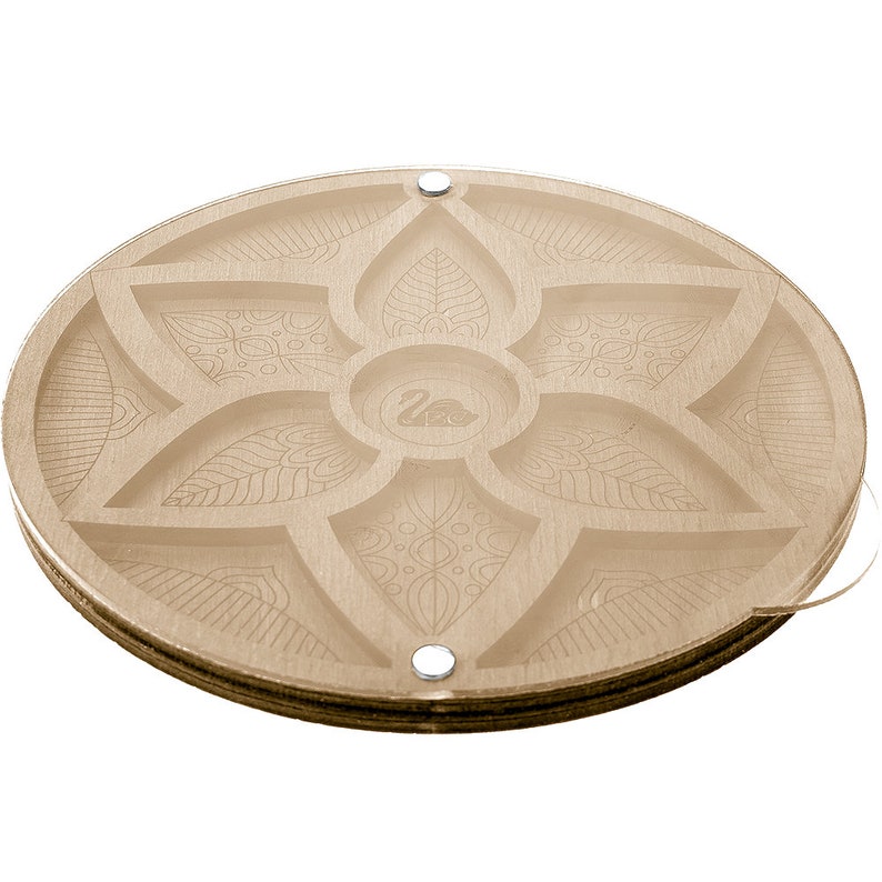 May include: A round wooden tray with a decorative floral design. The tray has six compartments and a swan logo in the center.