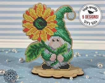 Summer gnome embroidered ornament, DIY beaded home decor, embroidery on wood, dwarf with sunflower beadwork kit