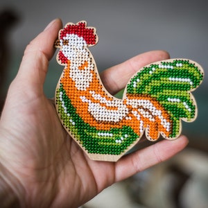 DIY eco-friendly embroidery on wood, laser cut blank rooster, kids craft pattern kit, bead stitch bird decor image 8