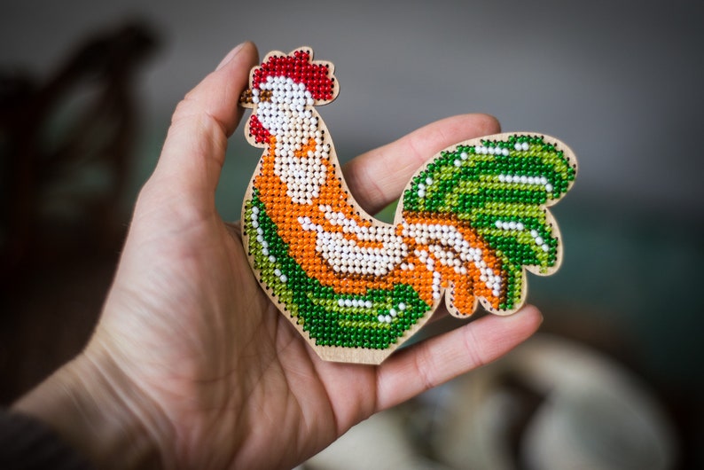 DIY eco-friendly embroidery on wood, laser cut blank rooster, kids craft pattern kit, bead stitch bird decor image 8