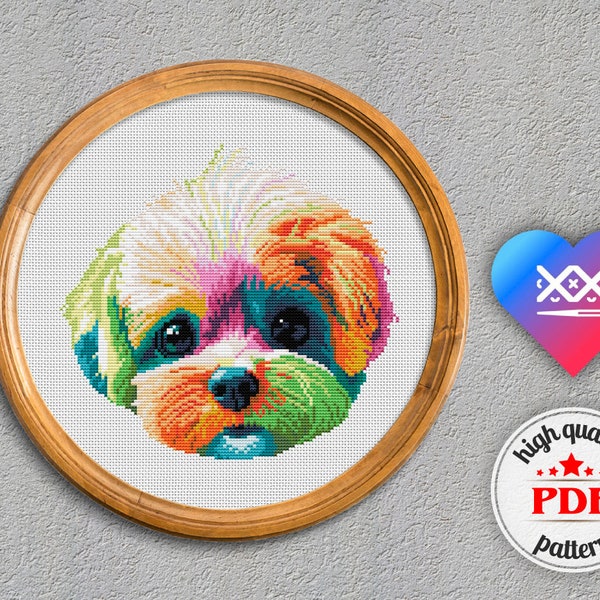 Dog cross stitch pattern PDF, colorful pet home decor, instant download animal portrait, doggie embroidery, digital round nursery picture