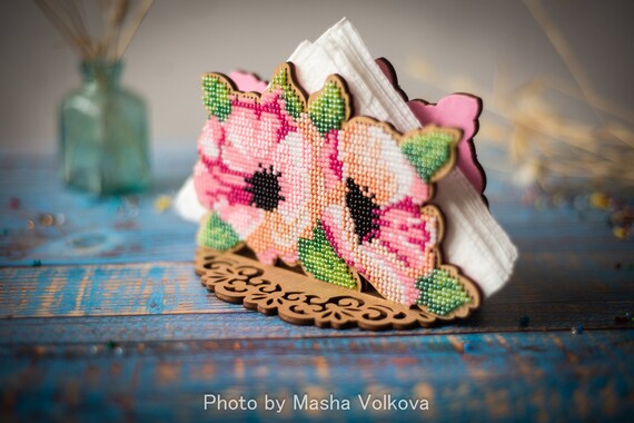 Needlework napkin holder DIY kit, pink flowers bead stitch set, floral beadwork tabletop decor, rustic home interior