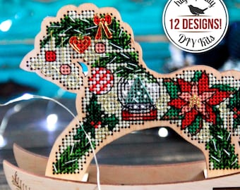 Christmas Ornaments Cross Stitch Kits, Wooden Rocking Horse Stitching Set, Christmas Tree Decoration, Winter Home Decor, DIY Christmas Gift