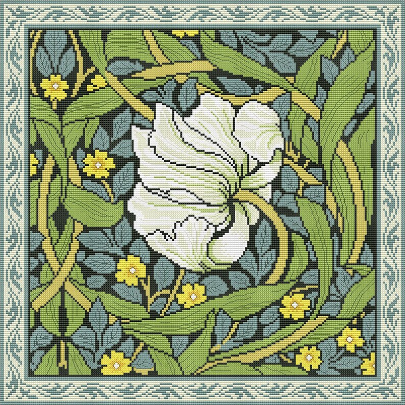 May include: A cross-stitch pattern featuring a white flower with green leaves and yellow flowers on a dark blue background. The pattern is framed with a light blue and white border.