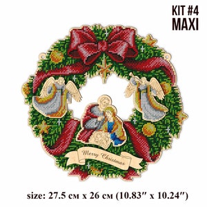 May include: A Christmas wreath with a red bow, green pine branches, and a nativity scene in the center. The wreath is decorated with gold ornaments and a star. The text "Merry Christmas" is written on a banner below the nativity scene. The wreath is 10.83 inches by 10.24 inches.