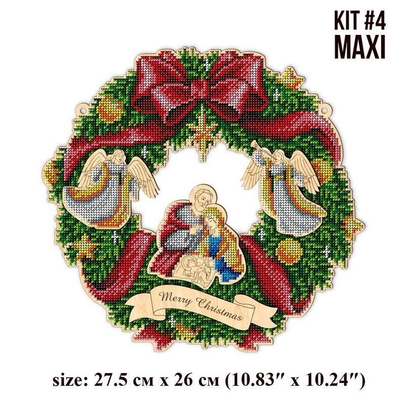 May include: A Christmas wreath with a red bow, green pine branches, and a nativity scene in the center. The wreath is decorated with gold ornaments and a star. The text "Merry Christmas" is written on a banner below the nativity scene. The wreath is 10.83 inches by 10.24 inches.
