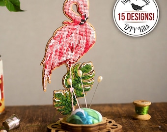 Sewing Pin Cushion DIY Kit, Flamingo Bead Stitching Kit, Bird Home Decor, Wooden Needle Holder, Beaded Flamingo Ornament, Gift for Crafter