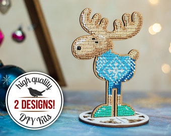 DIY moose ornament, Christmas bead embroidery kit, Deer wooden blank ornaments, Stag ornaments, Kids craft kit, FLK-212