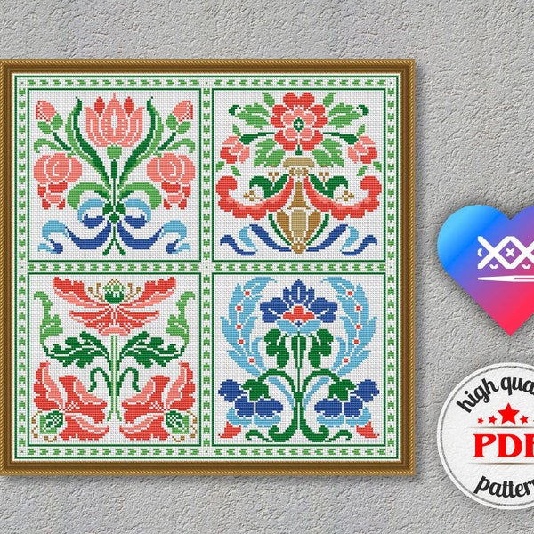Art Nouveau motifs flowers, modern cross stitch, PDF pattern download, floral embroidery design