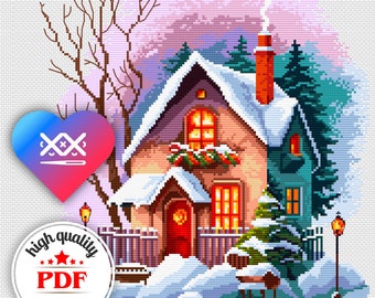 May include: A cross-stitch pattern featuring a cozy winter cottage with snow-covered roof, glowing windows, and a red door. The cottage is surrounded by trees and a snowy landscape. The pattern is labeled "high quality PDF pattern".
