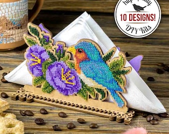 DIY Wooden Napkin Holder Bead Embroidery Kit, Bead Stitching Set, Floral Table Decor, Mother's Day Gift, Spring Home Decor, Gift for Crafter