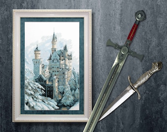Neuschwanstein castle cross stitch kit, DIY winter home decor, hand embroidery pattern