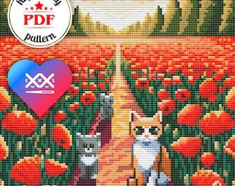 PDF Poppies Cross Stitch Pattern, Floral Embroidery Design, Cute Cat Cross Stitch Chart, Summer Landscape Embroidery, DIY Gift for Mother