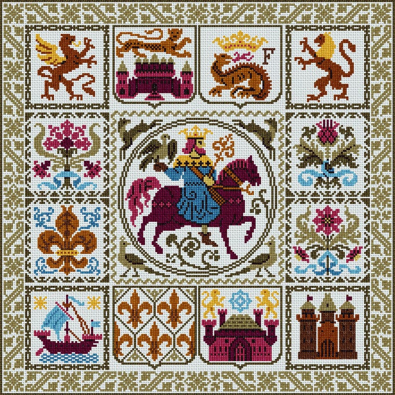K&ouml;nnte beinhalten: Ein farbenfrohes Kreuzstichmuster mit einem zentralen Bild eines K&ouml;nigs zu Pferd, umgeben von verschiedenen heraldischen Symbolen, darunter L&ouml;wen, Drachen und Lilien.