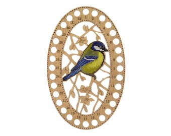 Bird embroidery floss holder, cross stitching DIY kit, wooden oval thread organizer, needlework bird pattern, craft storage tool