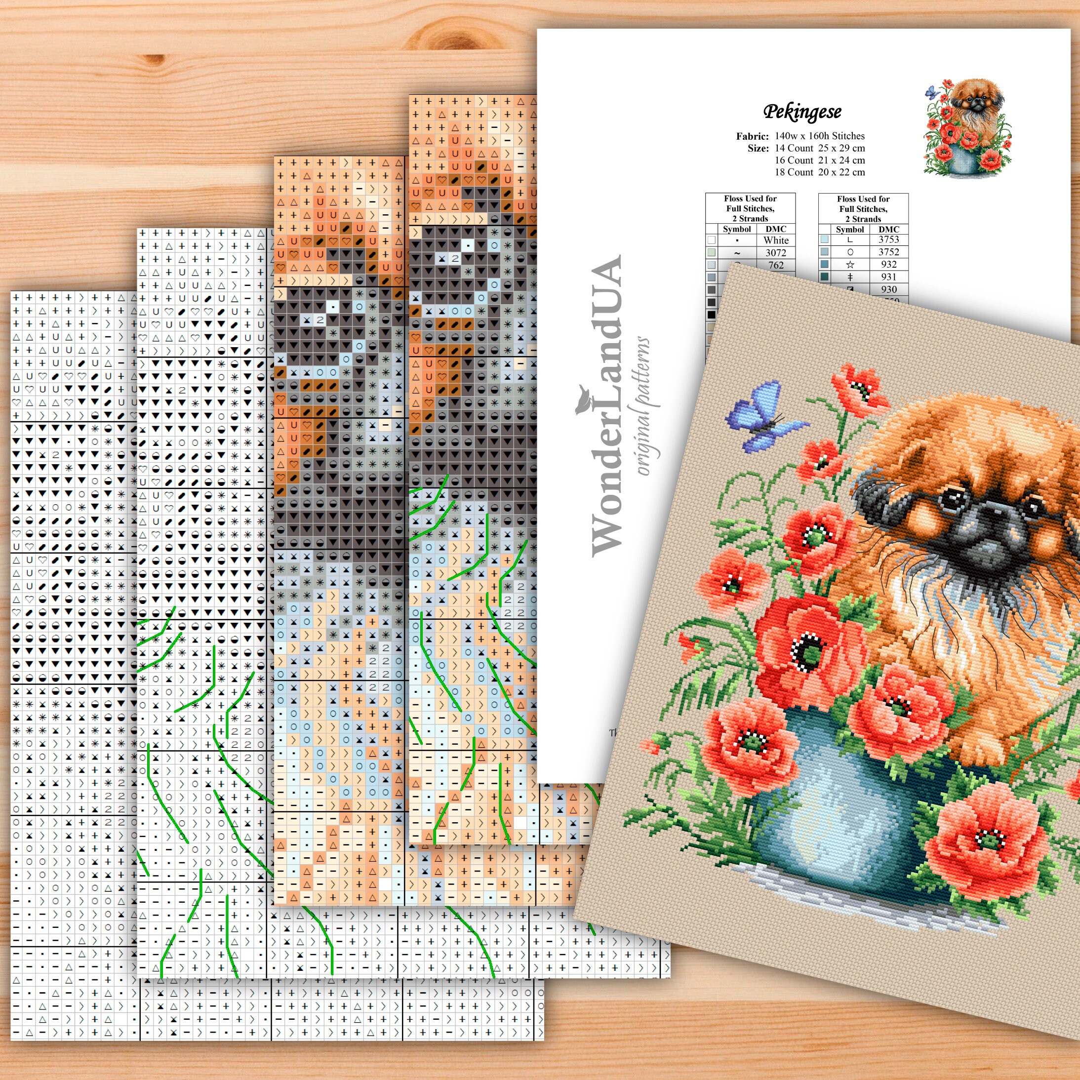 ペキニーズ PDF クロスステッチ パターン、花の中のかわいい犬の刺繍