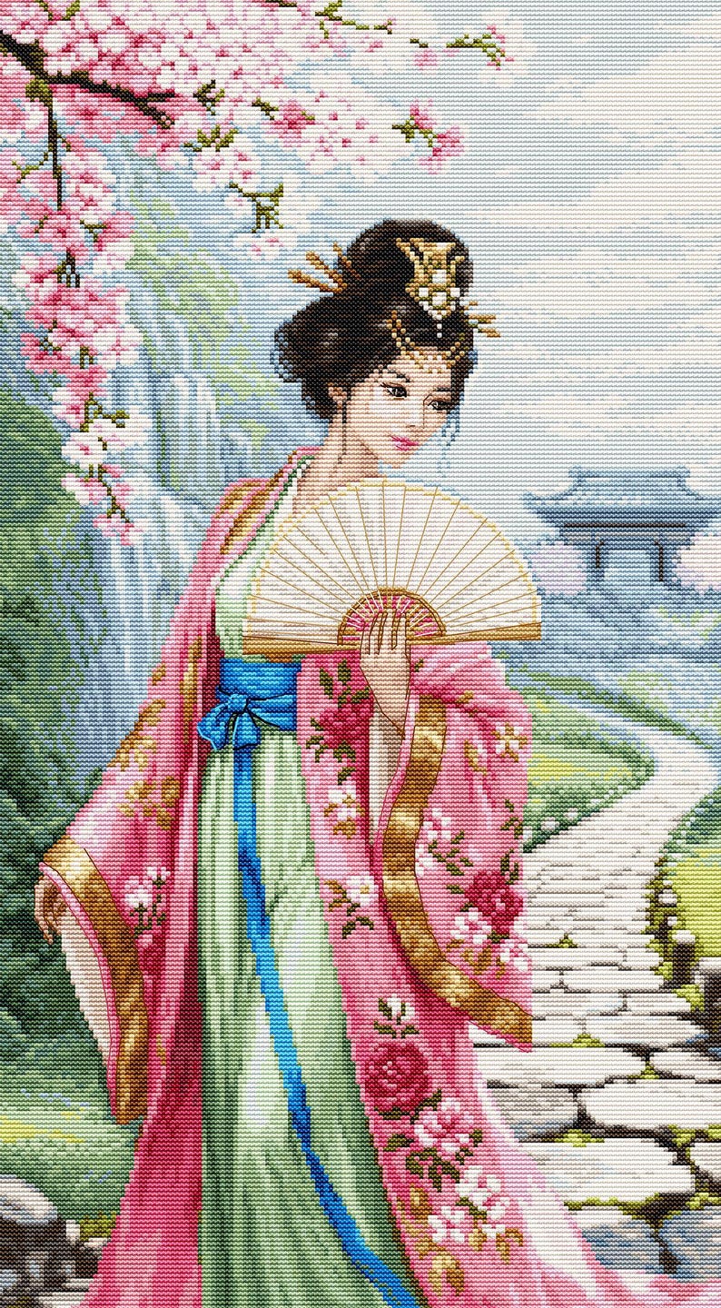 DIY Japanese Woman Embroidery Kit — Cherry Blossoms Cross Stitch Design ...