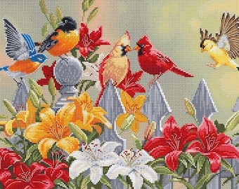 Colorful Lilies and Birds DIY Cross-Stitch Kit. Premium Quality Embroidery Set