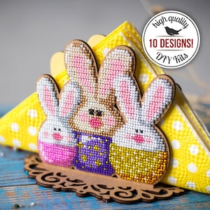 Kit fai da te porta tovaglioli coniglietti pasquali, kit ricamo perline pasquali, design cuciture perline, decorazioni per la tavola di Pasqua, regalo di Pasqua per la mamma