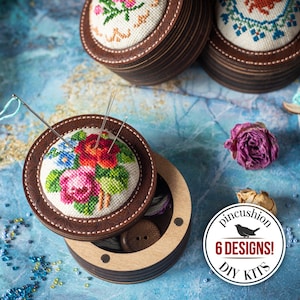 DIY Pincushion Making Kit with Cross Stitch Embroidery in Folk Style, Needle Cushion Craft Kit, Handmade Gift for Mother
