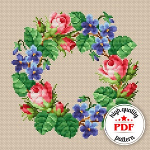 PDF Floral Wreath Embroidery Design, Vintage Flowers Cross Stitch Pattern, Spring Wreath Wall Art, Spring Home Decor, Easter Gift for Mother