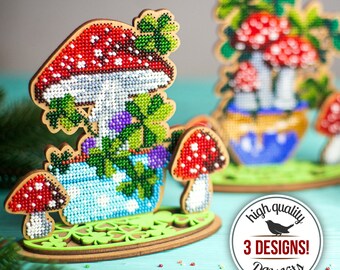 DIY Mushroom Ornaments Bead Embroidery Kits, Amanita Mushrooms Embroidery Design, Beaded Mushroom Figurines, Woodland Decor, Gift for Mom