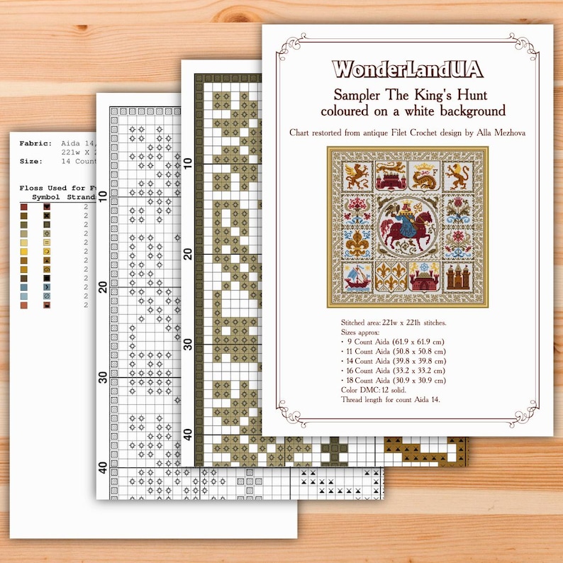 K&ouml;nnte beinhalten: Kreuzstich-Musterkarte f&uuml;r einen Sampler mit dem Titel "Die Jagd des K&ouml;nigs" auf wei&szlig;em Hintergrund. Die Karte zeigt ein farbenfrohes Design mit einem K&ouml;nig zu Pferd, einem Schiff und anderen mittelalterlichen Motiven. Die Karte wurde von Alla Mezhova entworfen und enth&auml;lt Anweisungen zum Sticken auf Aida-Stoff in verschiedenen Gr&ouml;&szlig;en.